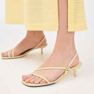 New SIMKHAI Cedonia Stud Strappy Kitten Heel Sandal yellow leather open toe